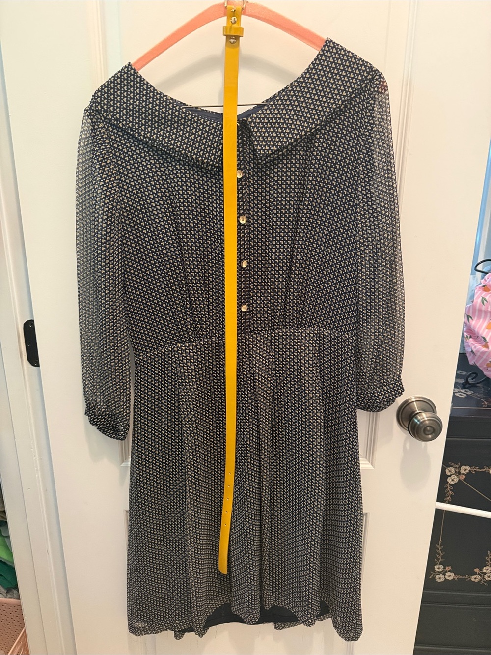 ANTONIO MELANI Navy and Gold  Printed Long Sleeve Button-Front Midi Dress